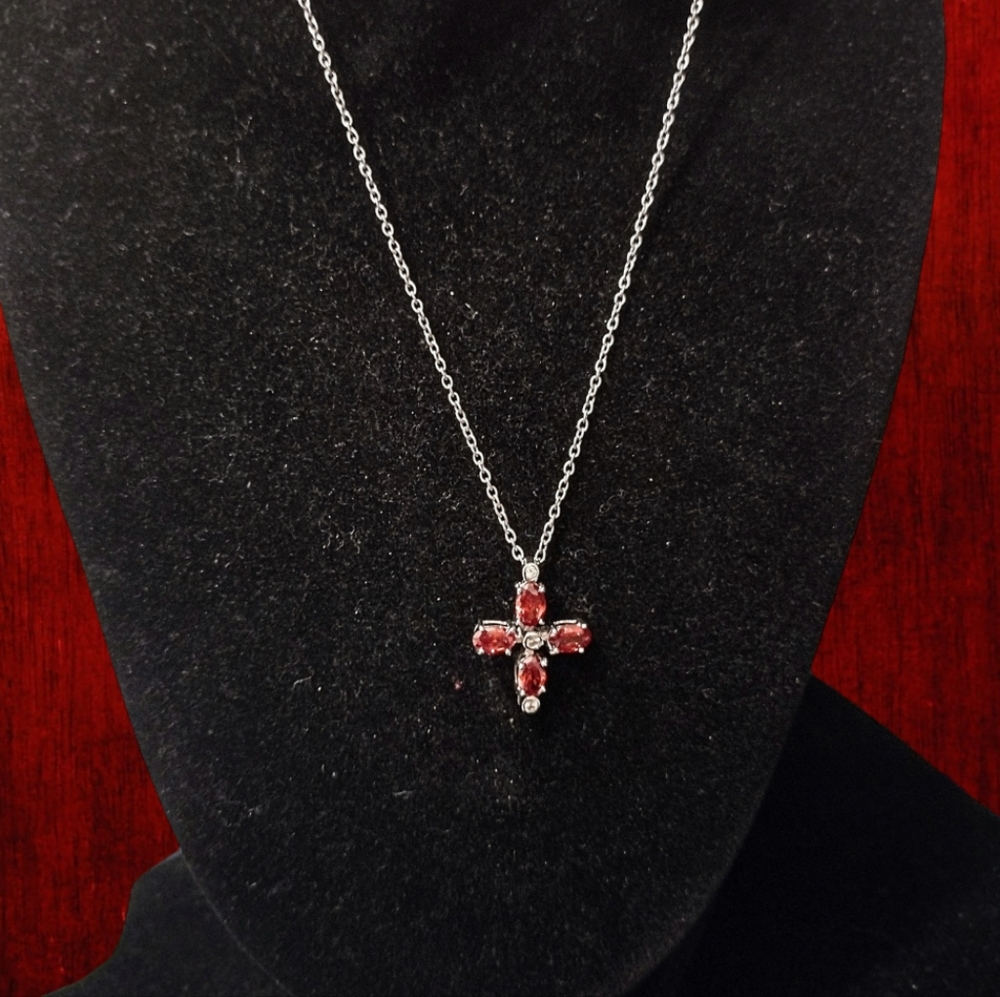 925 Sterling Silver Ruby Red Color Cross Pendant
